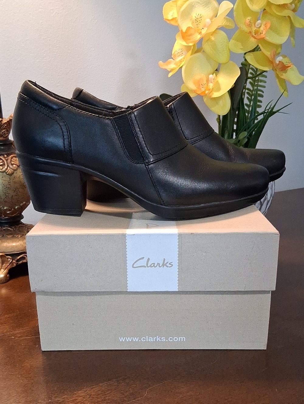 Clarks Black Leather Slip-On Low Block Heel Boots